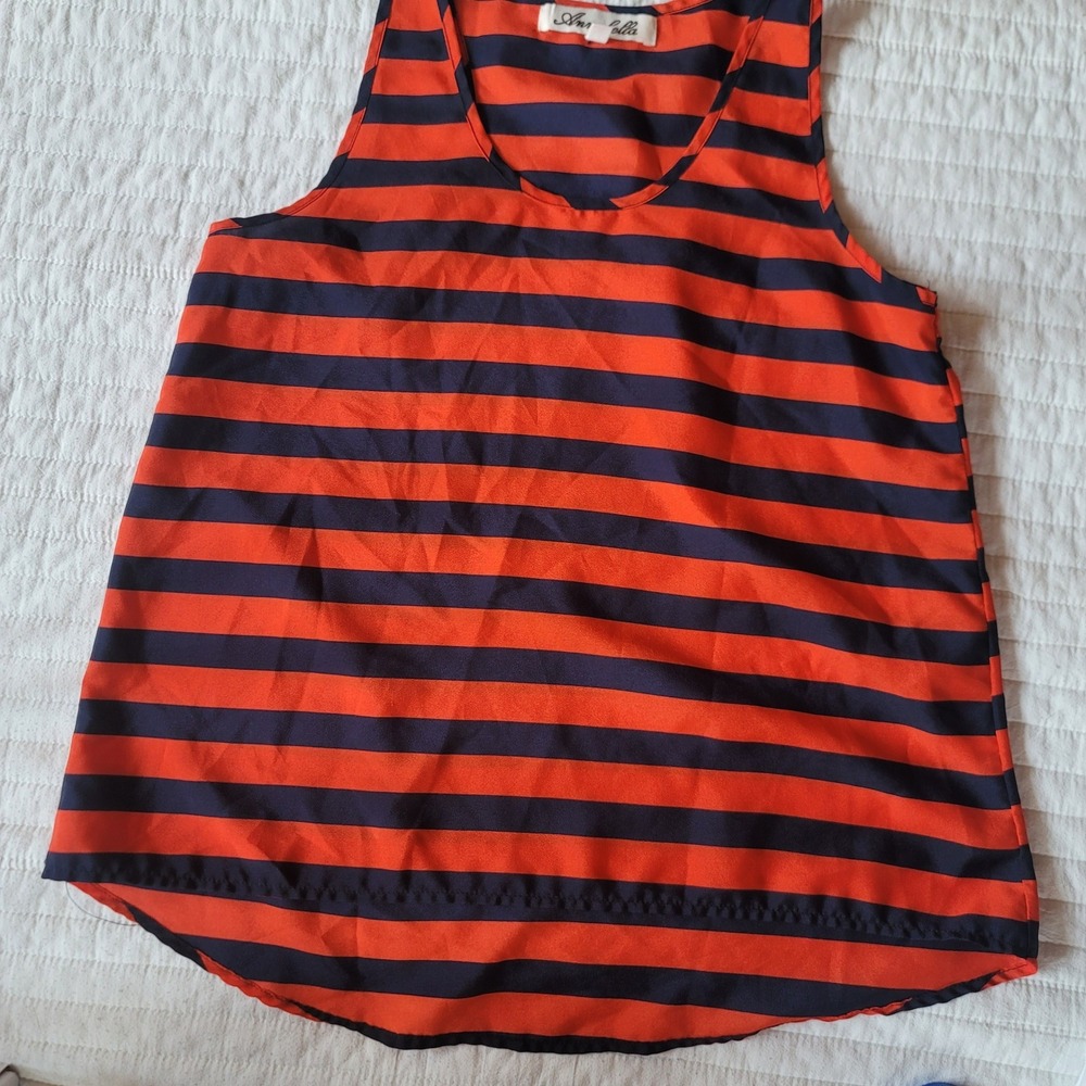 Annabella Orange Navy Stripe Sleeveless Blouse Top Women's Size S
